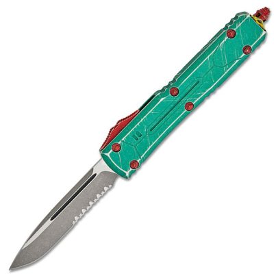 Microtech Bounty Hunter Ultratech Auto OTF 3.46″ Apocalyptic Drop Point Combo Blade – Green Apocalyptic