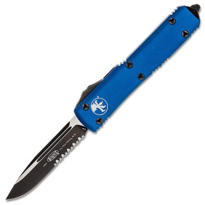 Microtech Ultratech Auto OTF 3.46″ Black Drop Point Combo Blade – Blue