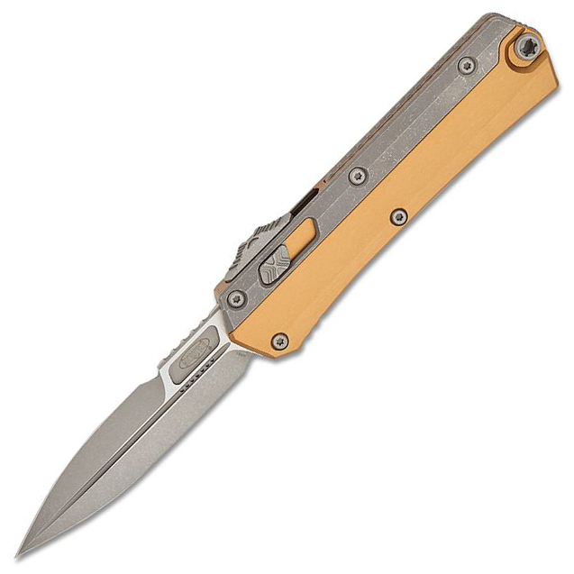 Microtech Glykon Auto OTF 3.75″ Apocalyptic Double Edge Bayonet – Tan/Titanium