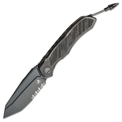 Microtech Anax Manual Folding Knife 3.7″ M390 Black DLC Tanto Combo Blade – Titanium / Carbon Fiber Inlay