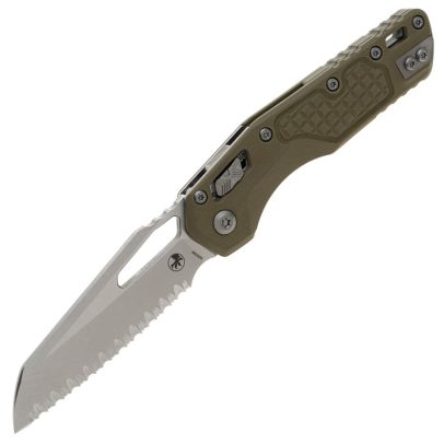 Microtech MSI Manual Folding Knife 3.9″ Stonewashed Modified Sheepsfoot Serrated Blade – OD Green Frag Lawnman