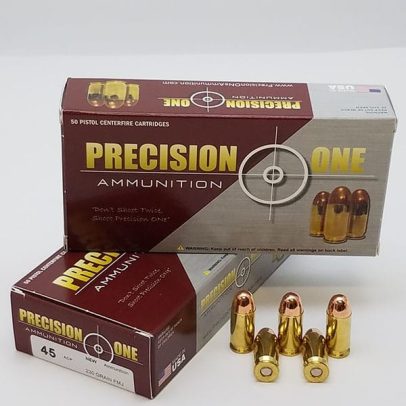 Precision One .45 acp 230 grain FMJ Full Metal Jacket NEW BRASS CASING AMMO MADE IN THE USA (50 rd box)