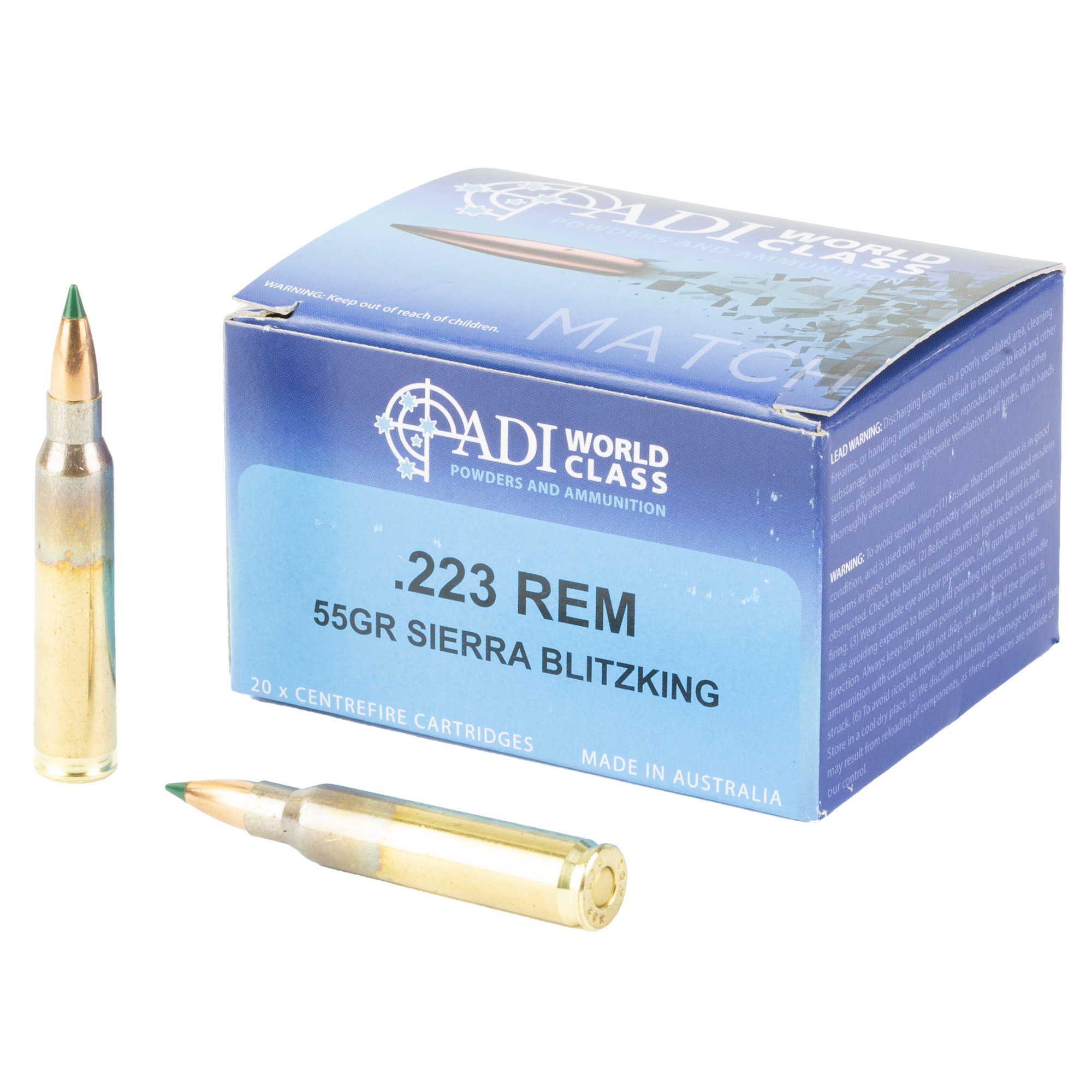 Adi .223 Rem 55gr Sierra Blitz King Boat Tail 20CT