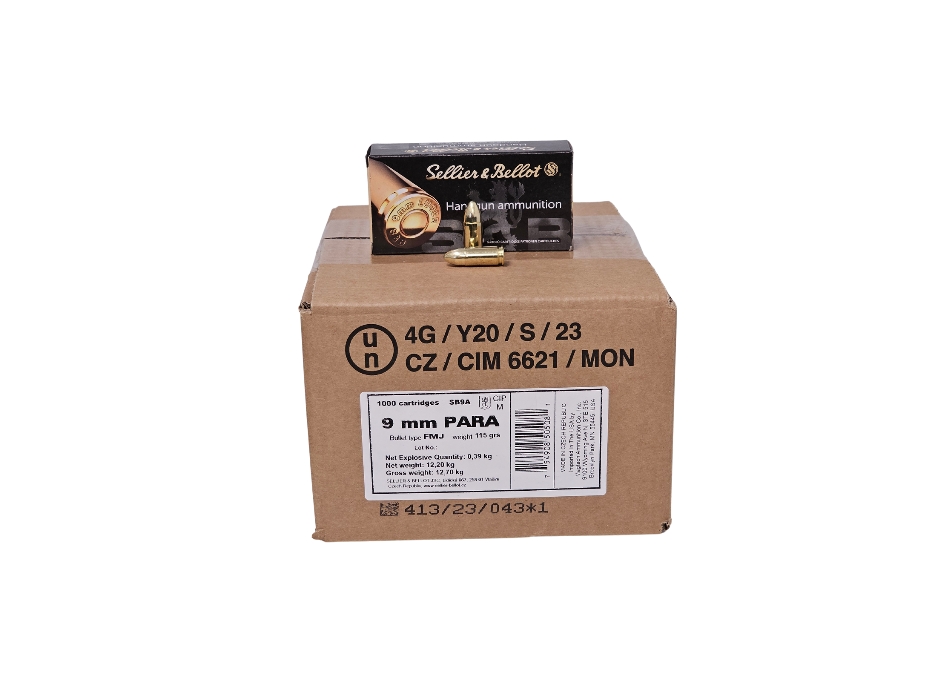 Sellier & Bellot 9mm Luger CASE 115 Grain FMJ Flat Base – 1,000 Rounds (CASE) SB9A