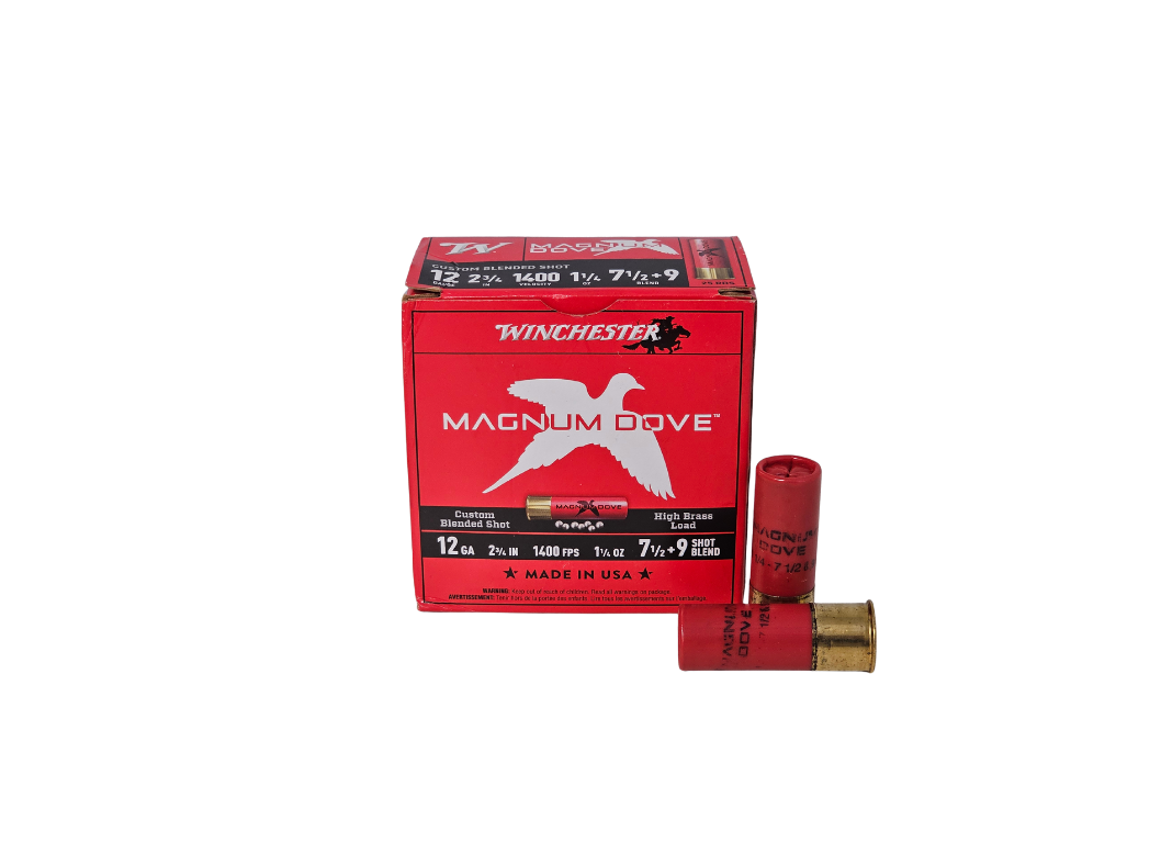 Winchester 12 Gauge Magnum Dove 2-3/4″ #7.5 and #9 Blended Shot 1-1/4oz 1400fps – 25 Rounds (Box) MD1279
