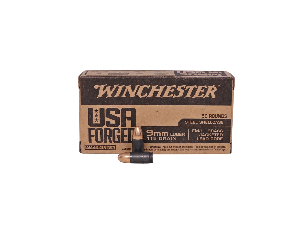 Winchester USA Forged 9mm Luger 115 Grain STEEL Case FMJ – 50 Rounds (Box) WIN9SV